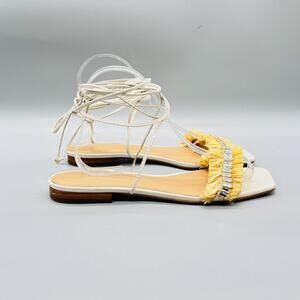 Anthropologie Sandals Womens 8.5 Yellow Leather Fringe Rhinestone Lace Up Flat